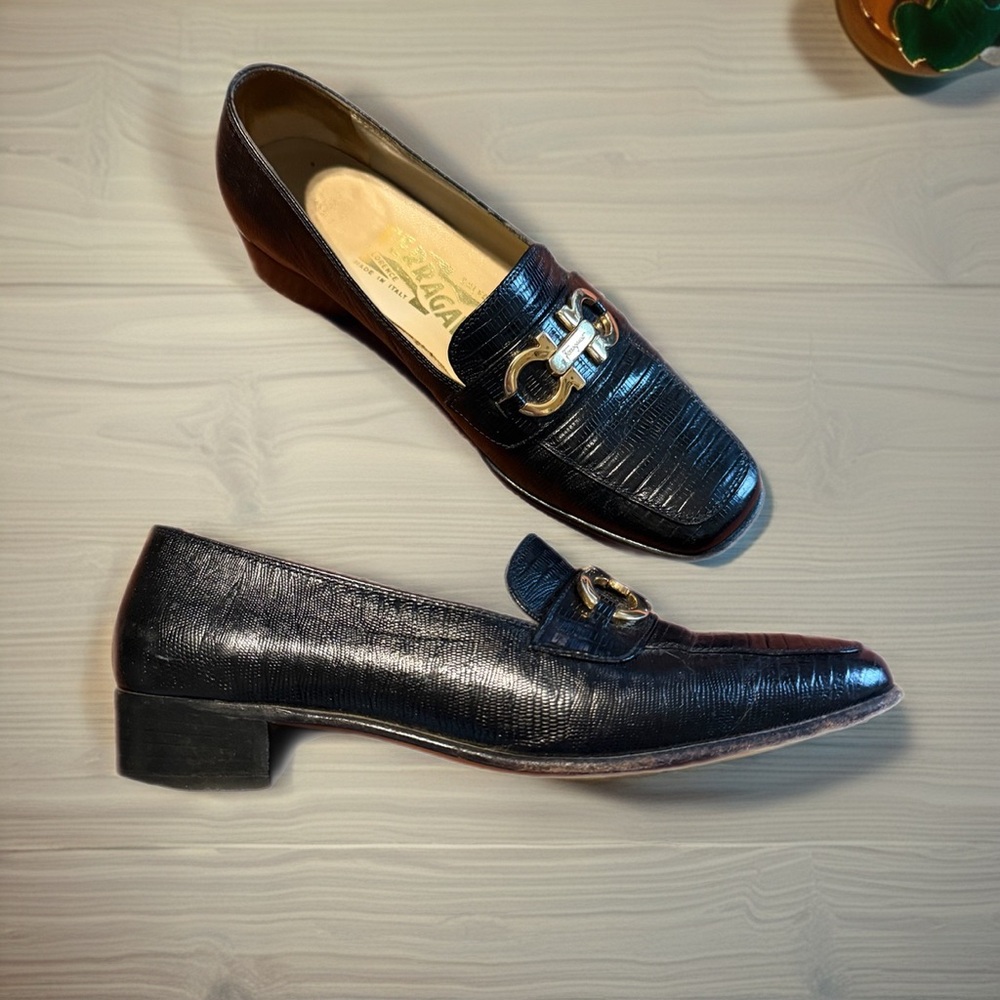 Salvatore Ferragamo Women's Lizard Leather Loafers Black SZ 5 B 55122